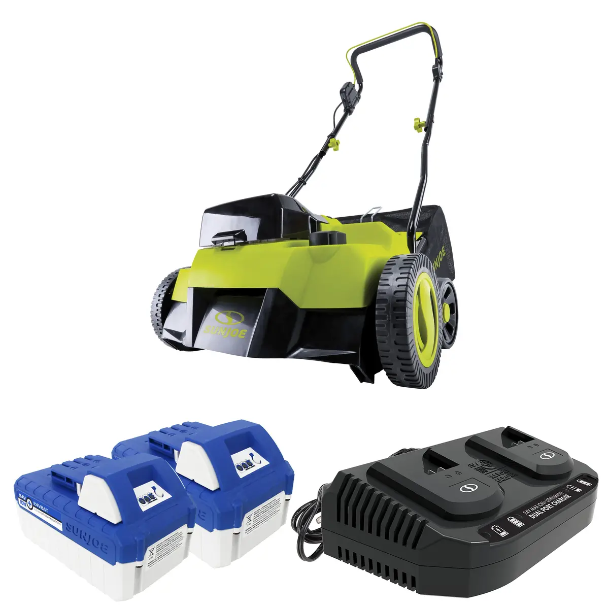 Sun Joe 24V-X2-Dts15 24-Volt* Cordless Scarifier + Dethatcher Kit | 5-Depth Positions | 14-Inch | Brushless Motor | W/ 2 X 4.0-Ah Batteries + Dual Port Charger 2
