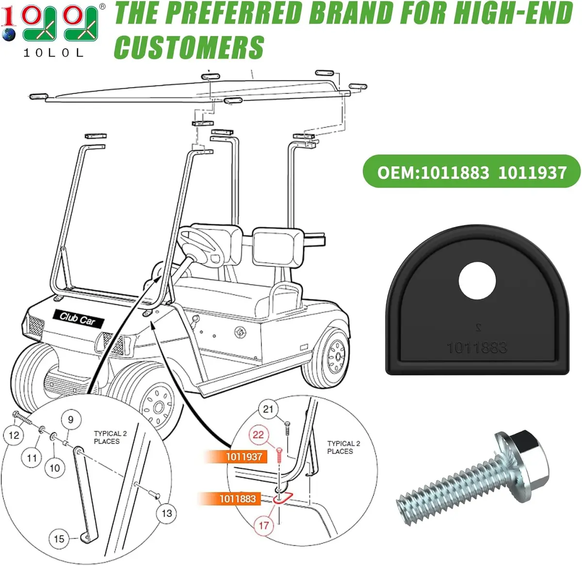 Golf Cart Front Top Strut Mount Pads With Stainless Steel Screws Kit For Club Car Ds 1982-2000 Up - 10L0l 2