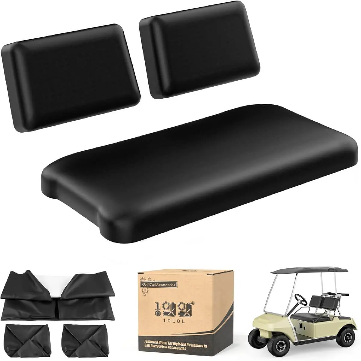 10L0l Golf Cart Staple-On Seat Covers For Club Car Ds 1982-2000 Models - Black Microfiber Leather 1