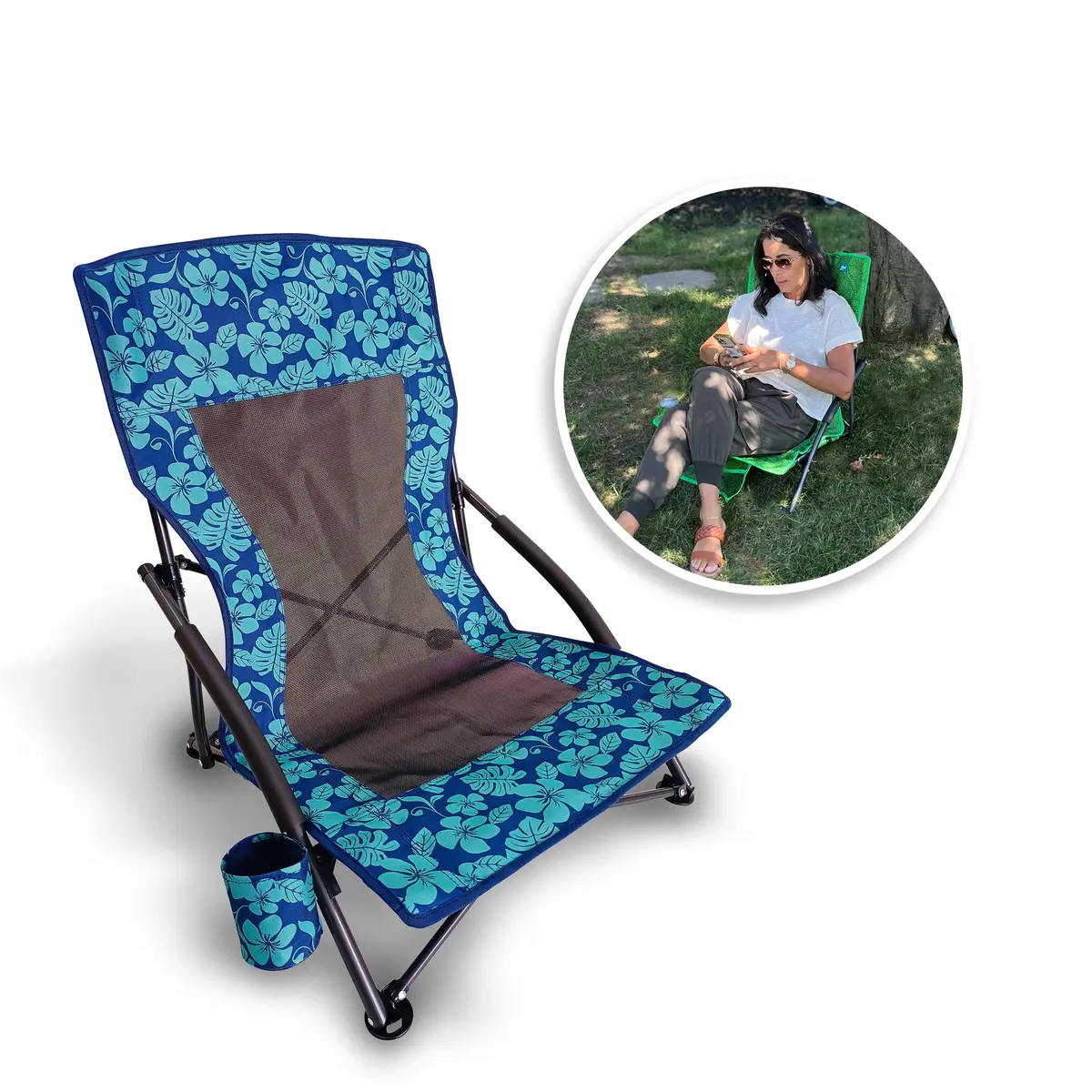 Bliss Hammocks Bbc-353-Bf Collapsible Beach Chair W/ Cup Holder | Storage Bag Included | 275 Lb. Capacity (Blue Flower) 1
