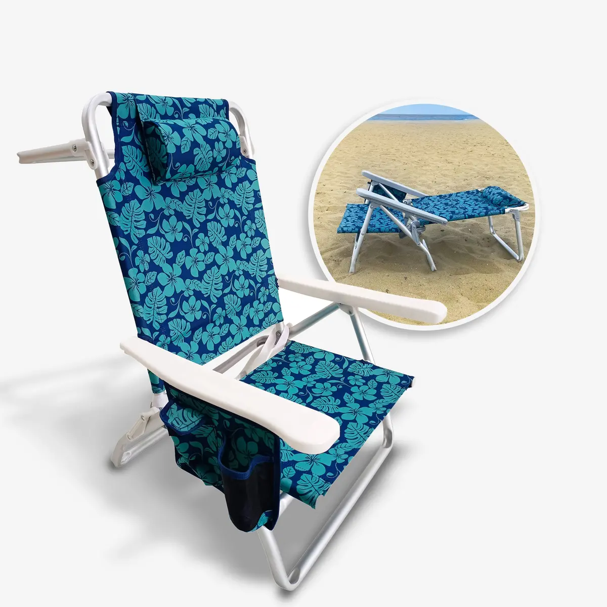 Bliss Hammocks Bbc-352-Bf Folding Beach Chair W/ Towel Rack | Cup Holder W/ Pocket | 5 Reclining Positions | 275 Lb. Capacity (Blue Flower) 1
