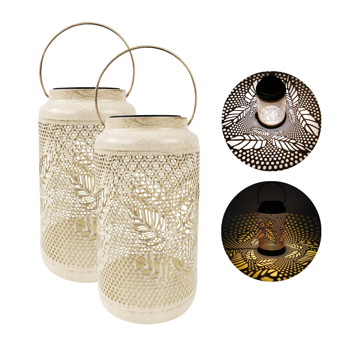 Bliss Outdoors Bsl-312-Wh Set Of 2 Solar Led Lanterns W/ Berry Leaf Design & Hand Painted Finish | 9-In. Tall | Waterproof Ip44 (White) 1