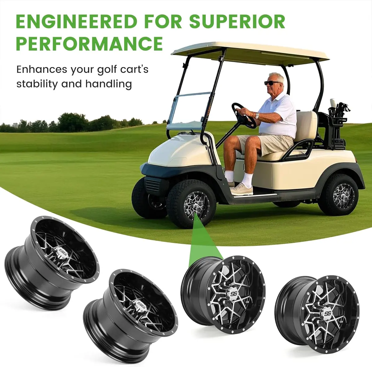 12"/14" Golf Cart Wheels (4-Pack) - Cast Aluminum Alloy W/ Ss Center Caps - Lightweight For Ezgo/Club Car/Yamaha - 10L0l 2