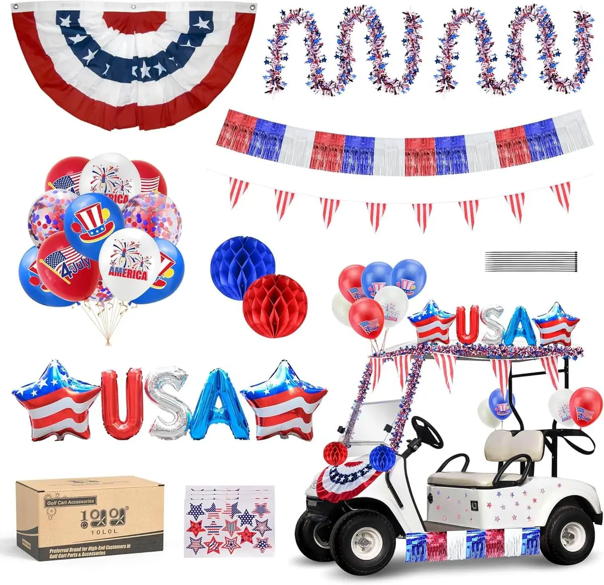4Th Of July Golf Cart Decoration Kit – All-In-One Patriotic Parade Decor (Bunting, Balloons & Streamers!) 1