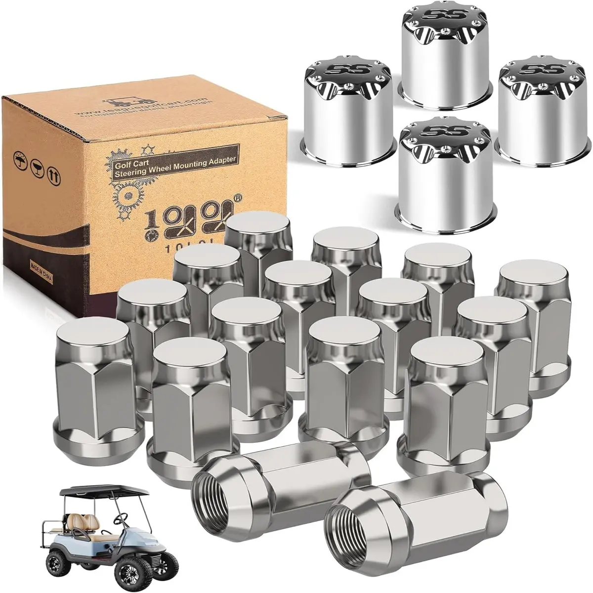 10L0l Chrome Golf Cart Center Caps & Lug Nuts Kit (4 Caps + 16 Nuts) - Fits Ezgo, Club Car 1