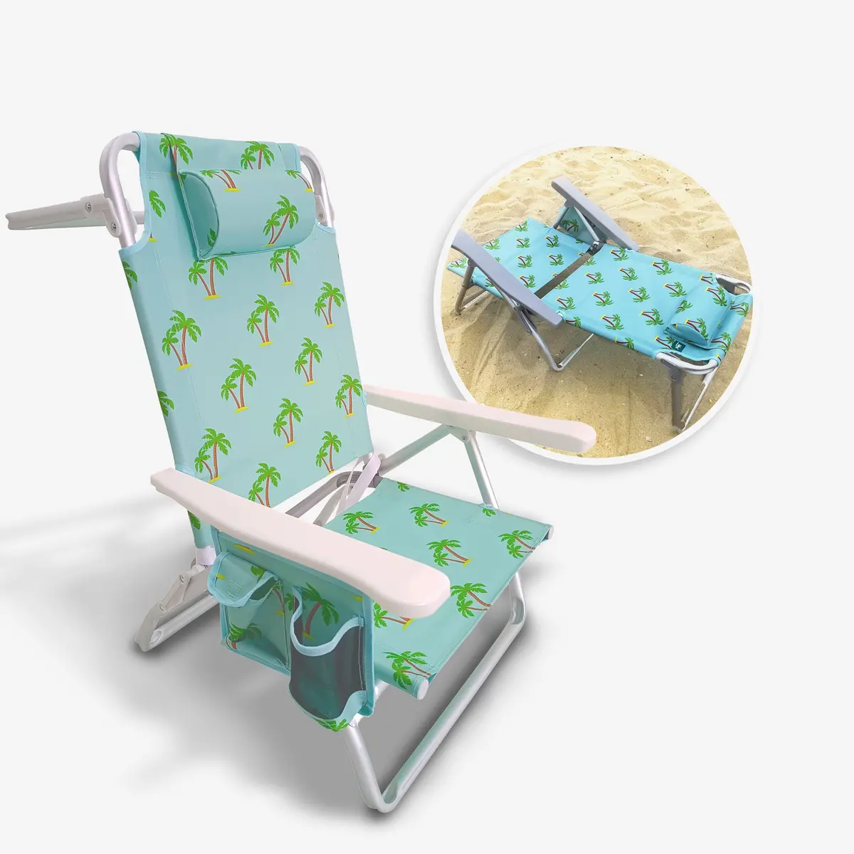 Bliss Hammocks Bbc-352-Pt Folding Beach Chair W/ Towel Rack | Cup Holder W/ Pocket | 5 Reclining Positions | 275 Lb. Capacity (Palm Tree) 1