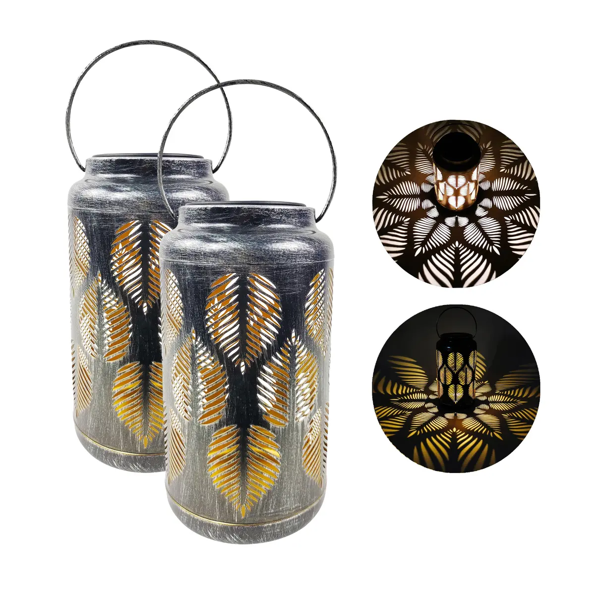 Bliss Outdoors Bsl-311-S Set Of 2 Solar Led Lanterns W/ Tropical Leaf Design & Hand Painted Finish | 9-In. Tall | Waterproof Ip44 (Silver) 1