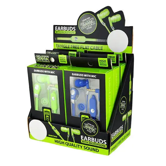 Wired Earbuds Glow In The Dark With Microphone - 6 Pieces Per Retail Ready Display 88082 1