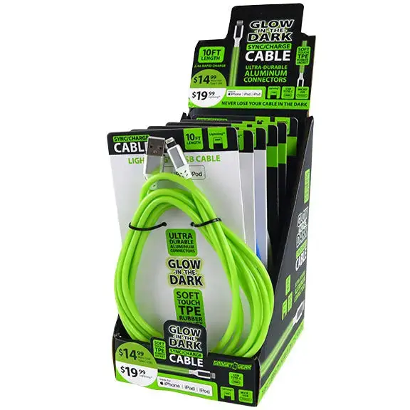 Charging Cable Glow In The Dark Assortment 10Ft 2.4 Amp - 6 Pieces Per Retail Ready Display 88295 1