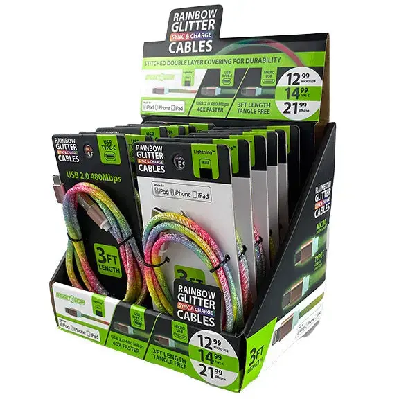 Charging Cable Rainbow Assortment 3Ft - 12 Pieces Per Retail Ready Display 88318 1