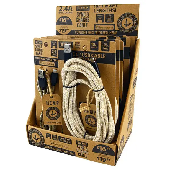 Hemp Charging Cable Assortment - 12 Pieces Per Retail Ready Display 88354 1