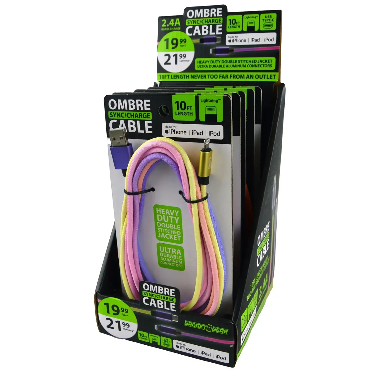 Charging Cable Ombre Color Fade Assortment - 6 Pieces Per Retail Ready Display 88355 1