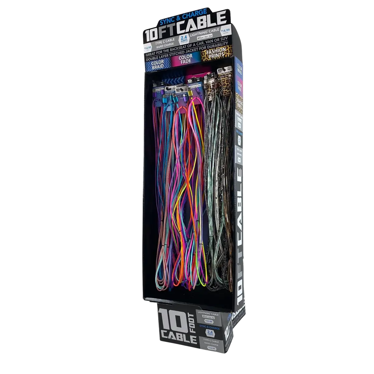 10Ft Braided Sync And Charge Cable Assortment Floor Display - 36 Pieces Per Retail Ready Display Kit 88385 1