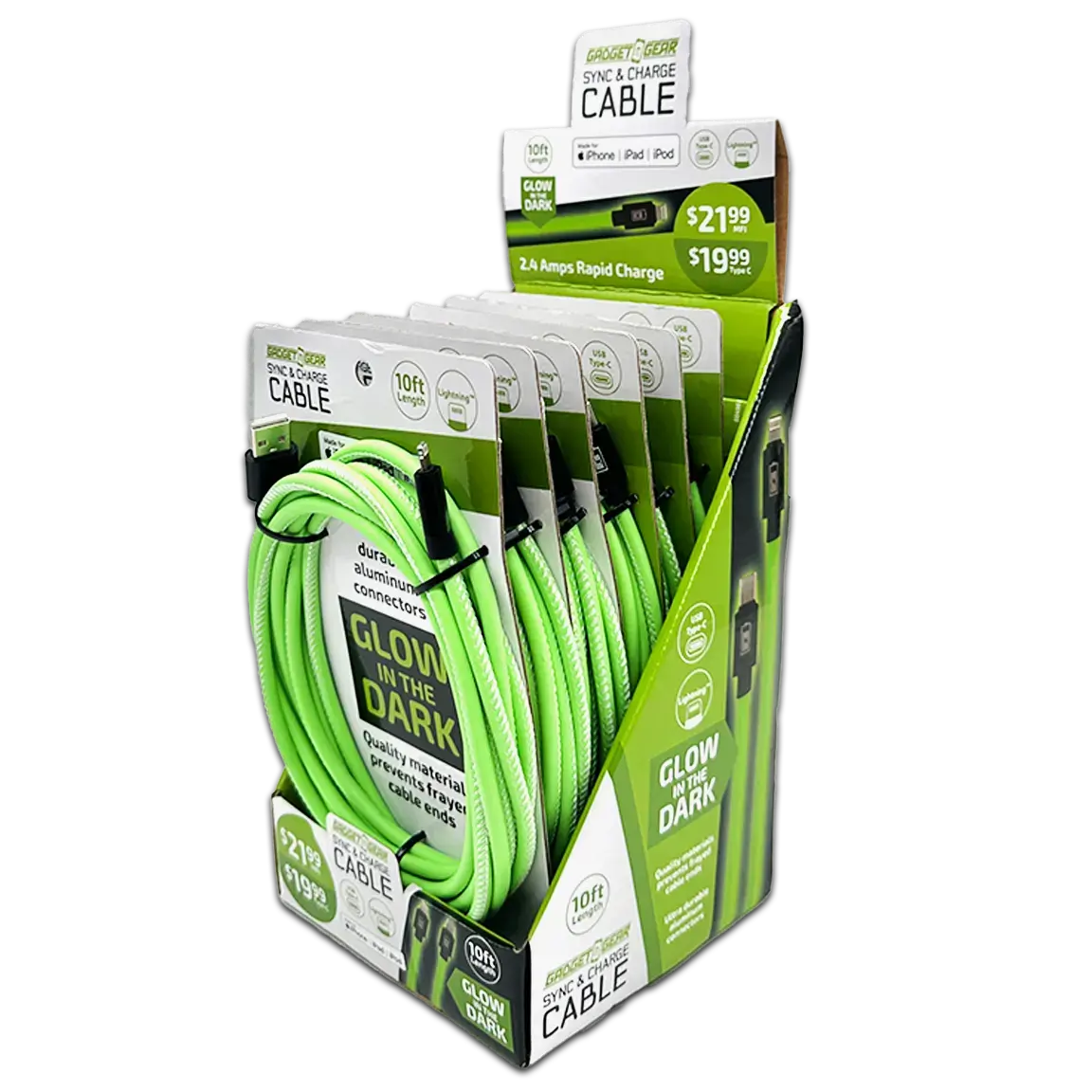Charging Cable Glow In The Dark Assortment 10Ft - 6 Pieces Per Retail Ready Display Kit 88498 1