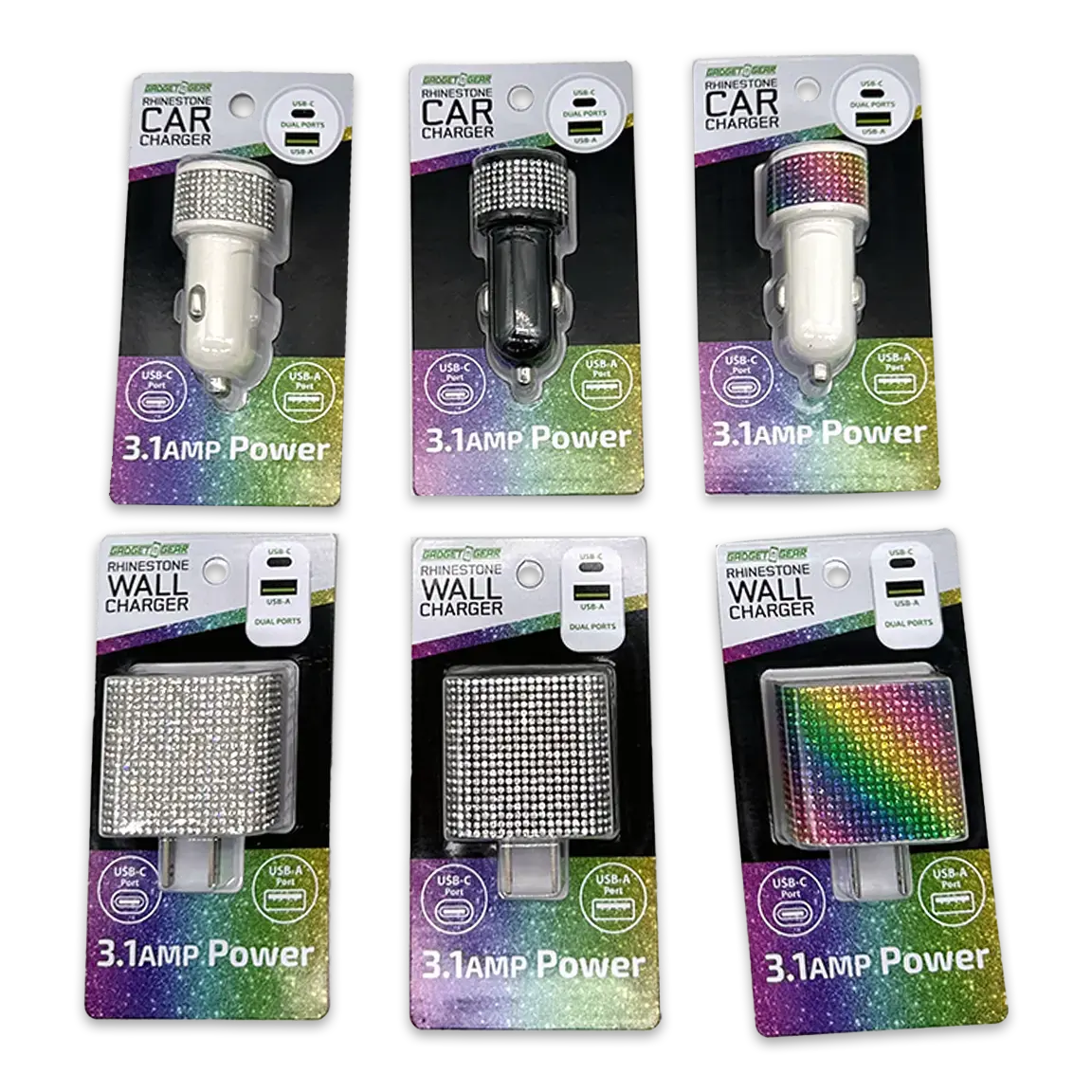 Car Charger And Wall Charger Dual Port Usb / Usb-C Rhinestone Assortment - 6 Pieces Per Retail Ready Display 88502 2