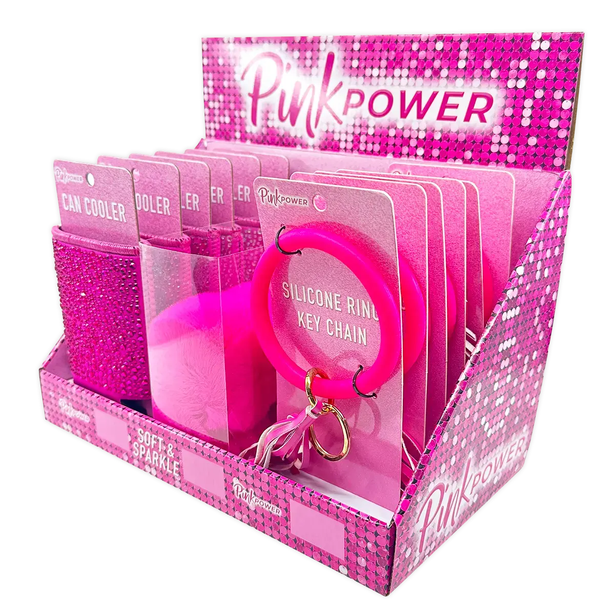 Pink Power Key Chain And Can Cooler Assortment - 18 Pieces Per Retail Ready Display Kit 88528 1