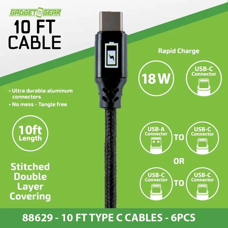 Charging Cable Assortment 10Ft - 6 Pieces Per Retail Ready Display 88629 1