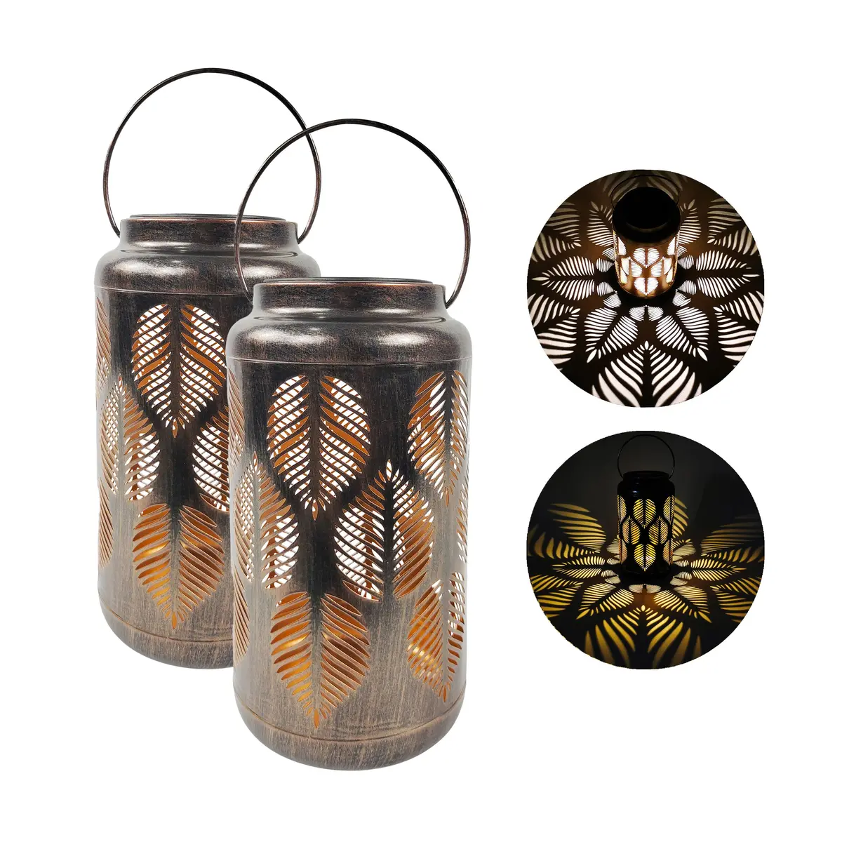 Bliss Outdoors Bsl-311-Bz Set Of 2 Solar Led Lanterns W/ Tropical Leaf Design & Hand Painted Finish | 9-In. Tall | Waterproof Ip44 (Bronze) 1