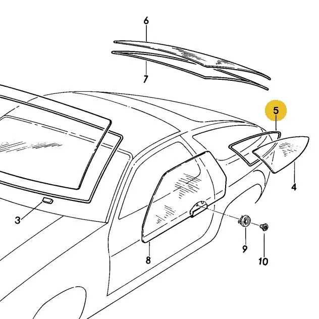 928 543 045 04 - Rear Quarter Window Seal Left - With Integral Spoiler - Porsche 1