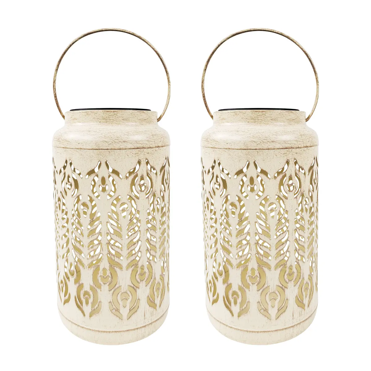 Bliss Outdoors Bsl-310-Wh Set Of 2 Solar Led Lanterns W/ Phoenix Feather Design & Hand Painted Finish | 9-In. Tall | Waterproof Ip44 (White) 2