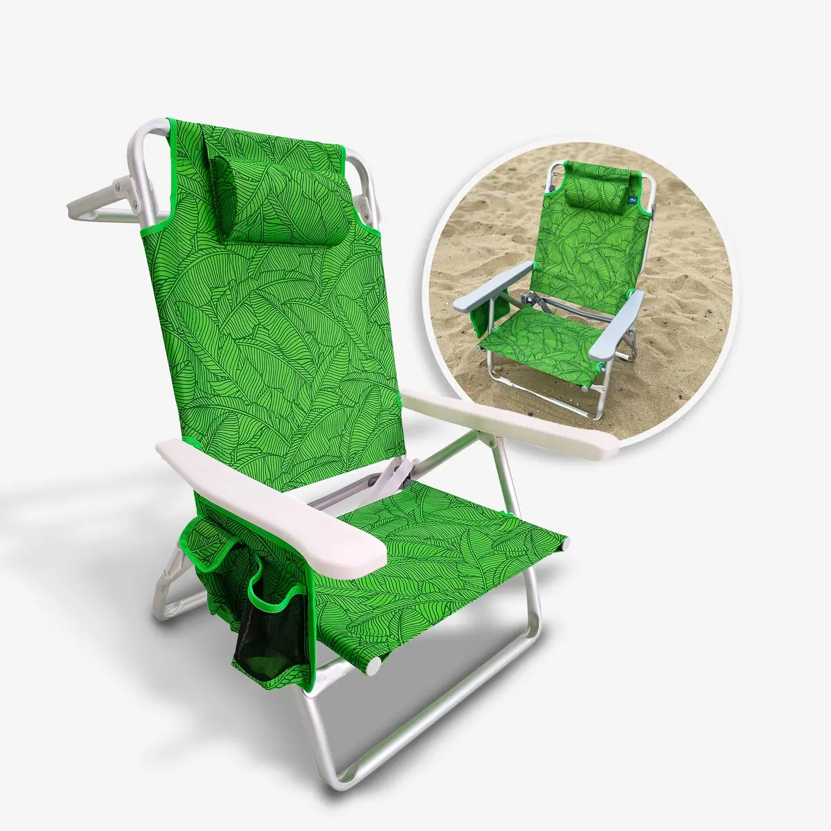 Bliss Hammocks Bbc-352-Gbl Folding Beach Chair W/ Towel Rack | Cup Holder W/ Pocket | 5 Reclining Positions | 275 Lb. Capacity (Green Banana Leaves) 1