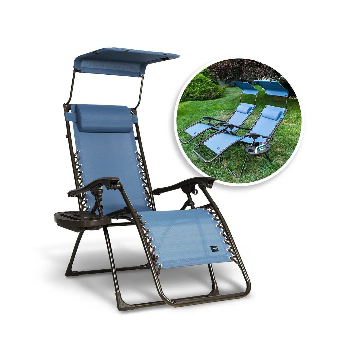 Bliss Hammocks Gfc-026-2Db Set Of 2 Gravity Free Chairs W/ Canopy, Drink Tray, And Pillow | 26-In. Wide | Weather & Rust Resistant | 300 Lb. Capacity (Denim Blue) 1