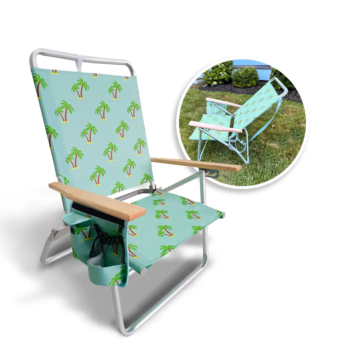 Bliss Hammocks Bbc-354-Pt Foldable Beach Chair W/ Side Pocket | 3 Reclining Positions | Storage Pouch, Phone Holder, & Cup Holder Included | 275 Lb. Capacity (Palm Tree) 1