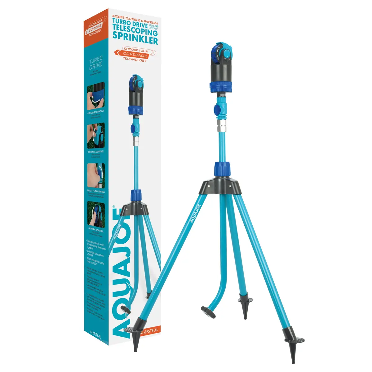 Aqua Joe Aj-6Pstb-Xl Indestructible Turbo Drive 360° Telescoping Sprinkler & Mister | W/ Metal Tripod Base & Flow Control Valve | 6 Spray Patterns | 4,900 Sq. Ft. Max Coverage 1