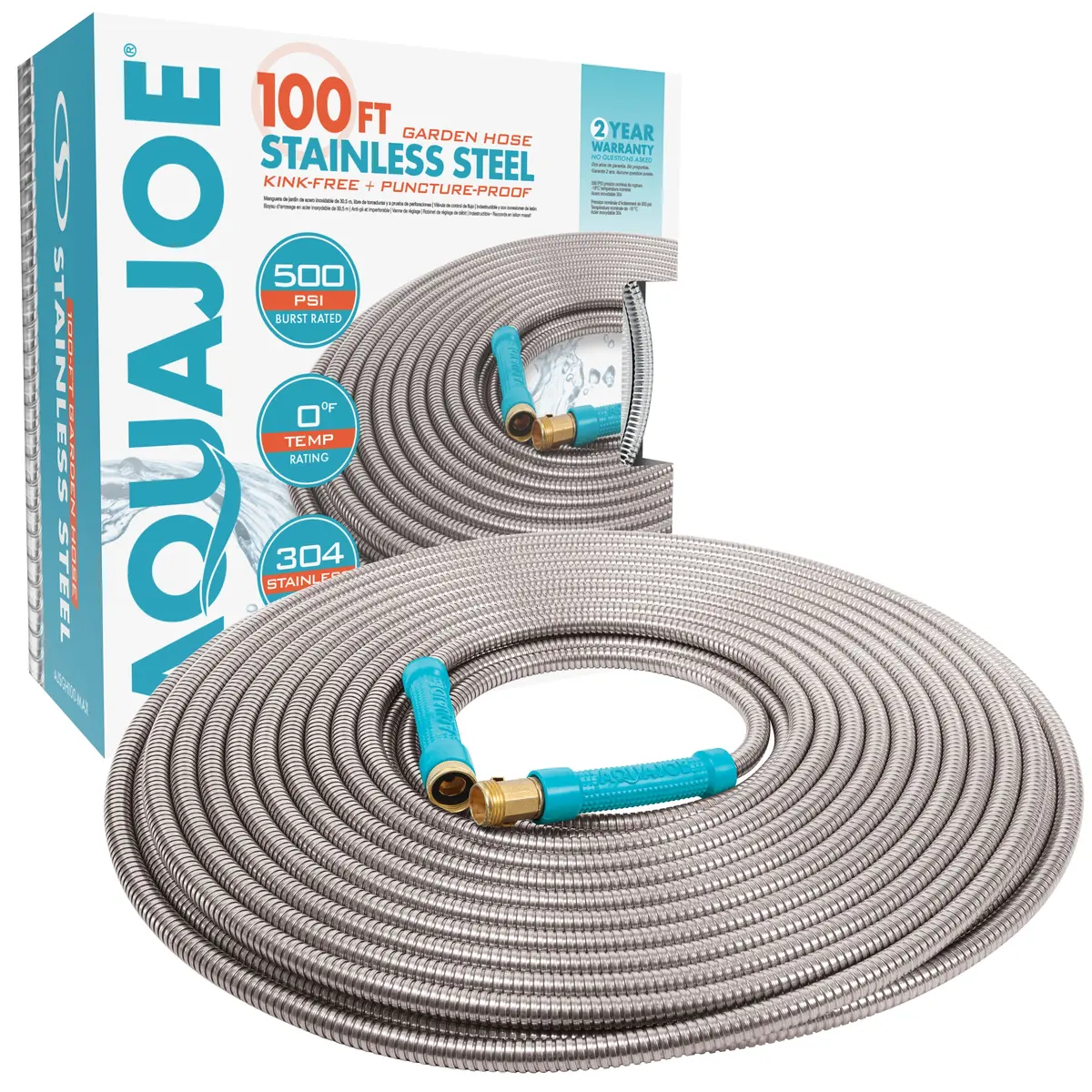 Aqua Joe Ajsgh100-Max Heavy-Duty Puncture Proof Kink-Free Garden Hose | 100-Foot | 1/2-Inch | W/ Brass Fitting & On/Off Valve | Spiral Constructed 304-Stainless Steel Metal 1