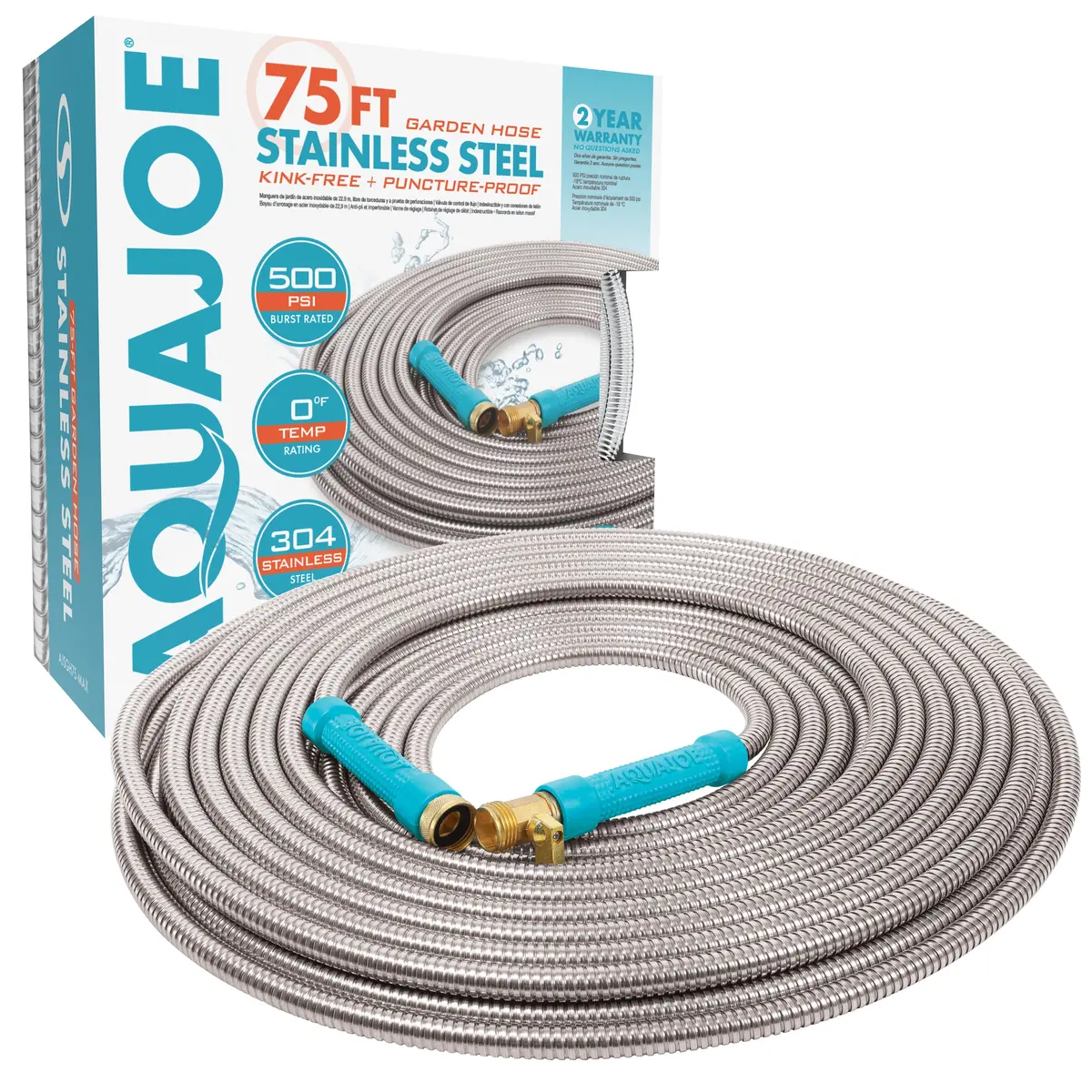 Aqua Joe Ajsgh75-Max Heavy-Duty Puncture Proof Kink-Free Garden Hose | 75-Foot | 1/2-Inch | W/ Brass Fitting & On/Off Valve | Spiral Constructed 304-Stainless Steel Metal 1