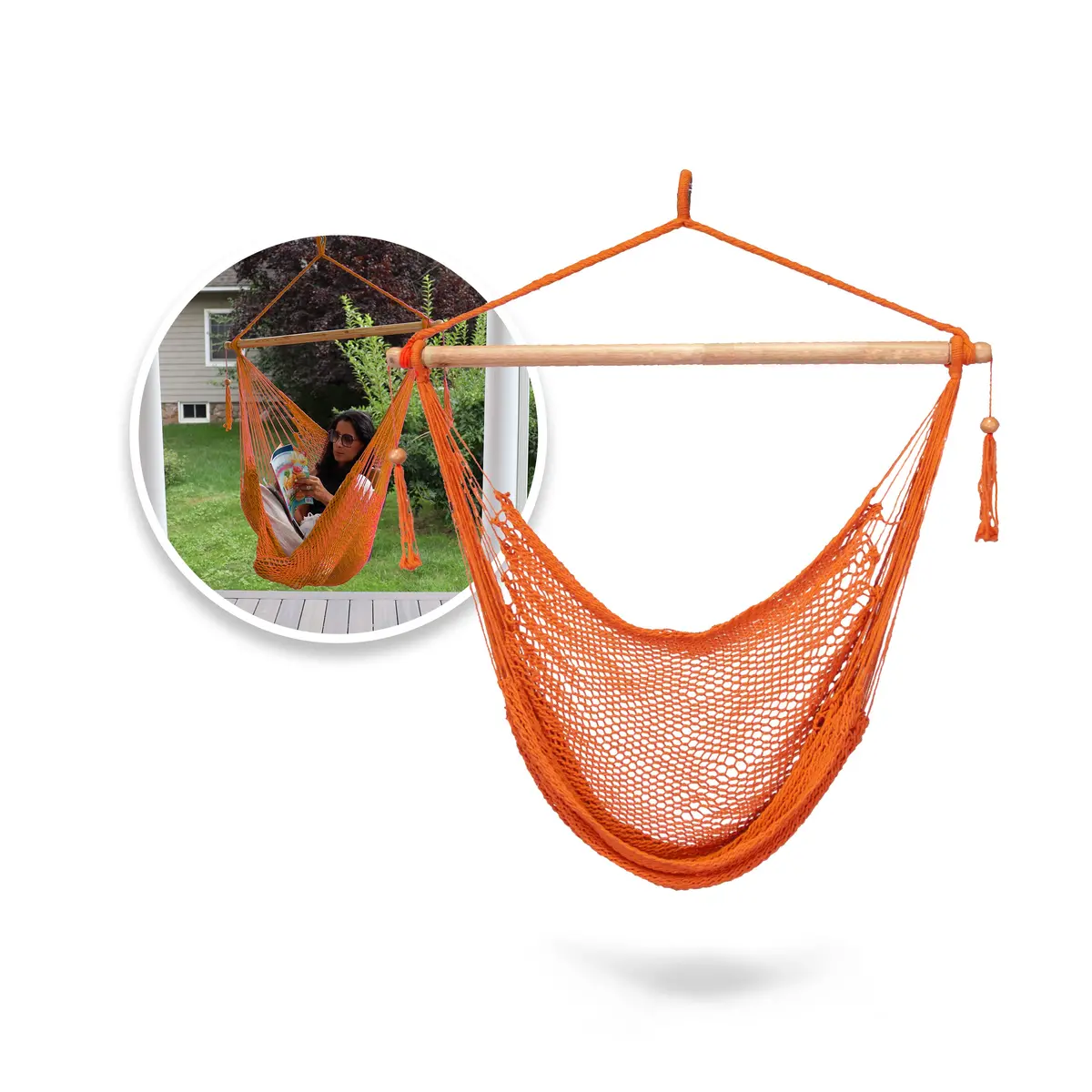 Bliss Hammocks Bhc-412Or Island Rope Hammock Chair W/ Spreader Bar & Hanging Hardware | 40-In. Wide | 265 Lb. Capacity (Orange) 1