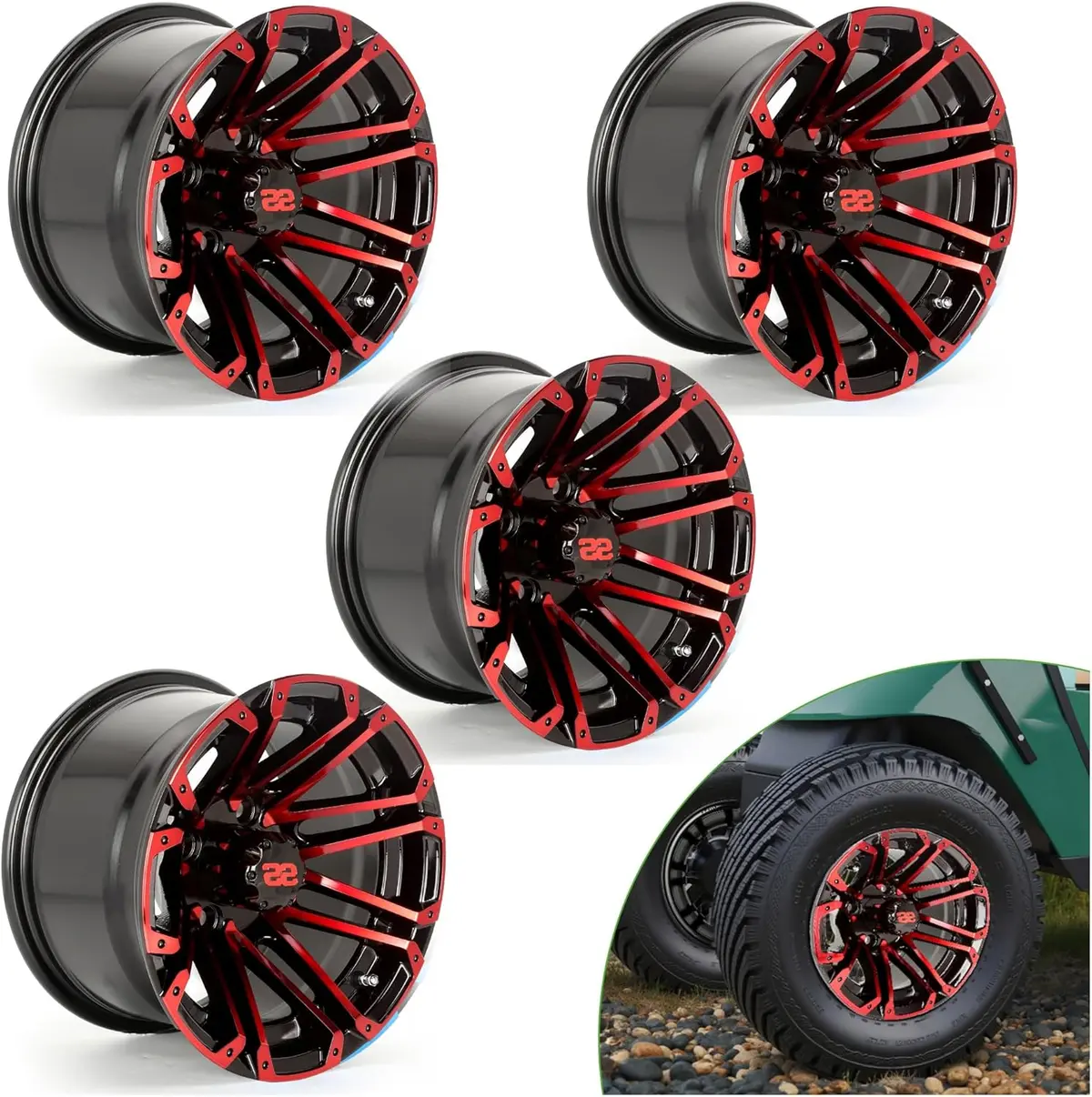 12 Inch Golf Cart Tires Rims (4-Pack) With Ss Center Caps | Durable Powder Coated Aluminum Wheels - 10L0l 1