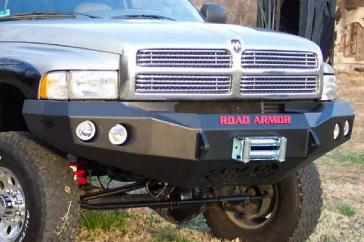 Road Armor Stealth 47010B 1997-2002 Dodge Ram 2500/3500 Front Winch Ready Bumper No Guard, Black Finish And Round Fog Light Hole 1