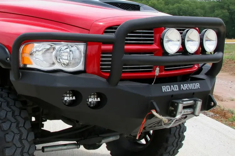 Road Armor Stealth 44035B 2002-2005 Dodge Ram 1500 Front Winch Ready Bumper Lonestar Guard, Black Finish And Round Fog Light Hole 1