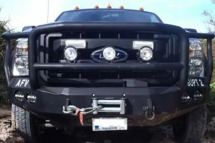 Road Armor Stealth 61105B 2011-2016 Ford F250/F350/F450 Superduty Front Winch Ready Bumper Lonestar Guard, Black Finish And Round Fog Light Hole 1