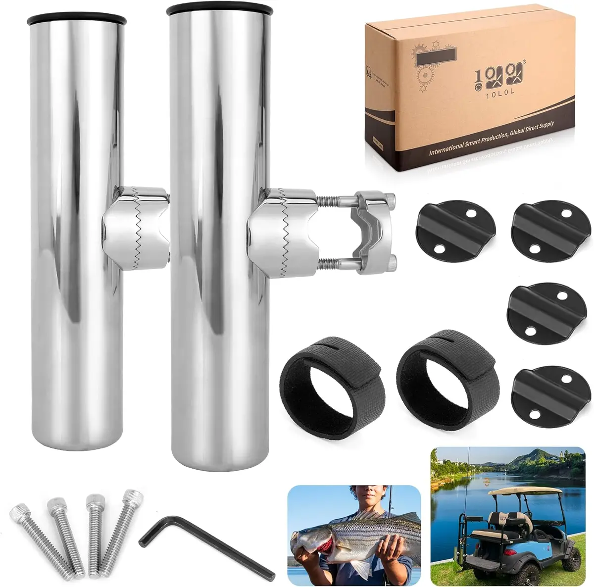 Stainless Steel Golf Cart Fishing Rod Holder For Ezgo, Yamaha, Club Car (2 Pack)- 10L0l 1