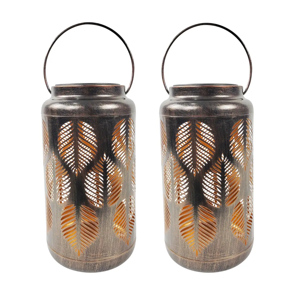 Bliss Outdoors Bsl-311-Bz Set Of 2 Solar Led Lanterns W/ Tropical Leaf Design & Hand Painted Finish | 9-In. Tall | Waterproof Ip44 (Bronze) 2