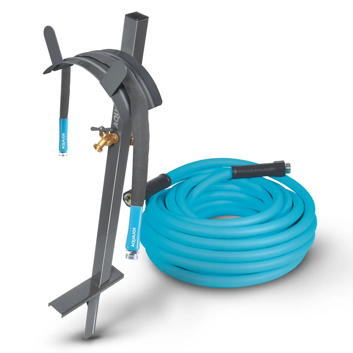 Aqua Joe Hose Stand Bundle | 50Ft Hybrid Polymer Garden Hose + Stand W/ Lead-In Bundle 1