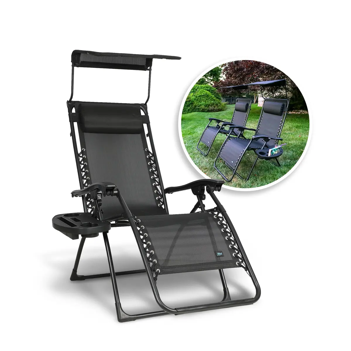 Bliss Hammocks Gfc-026-2Bk Set Of 2 Gravity Free Chairs W/ Canopy, Drink Tray, And Pillow | 26-In. Wide | Weather & Rust Resistant | 300 Lb. Capacity (Black) 1