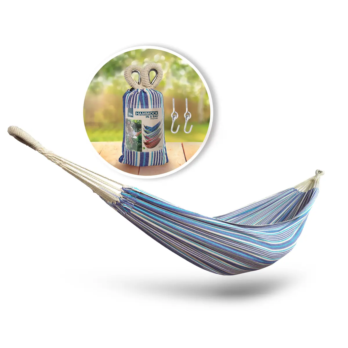 Bliss Hammocks Bh-400-Sc Hammock In A Bag W/ Rope Loops & Hanging Hardware | 40-In. Wide | 220 Lb. Capacity (Cloth Stripe) 1