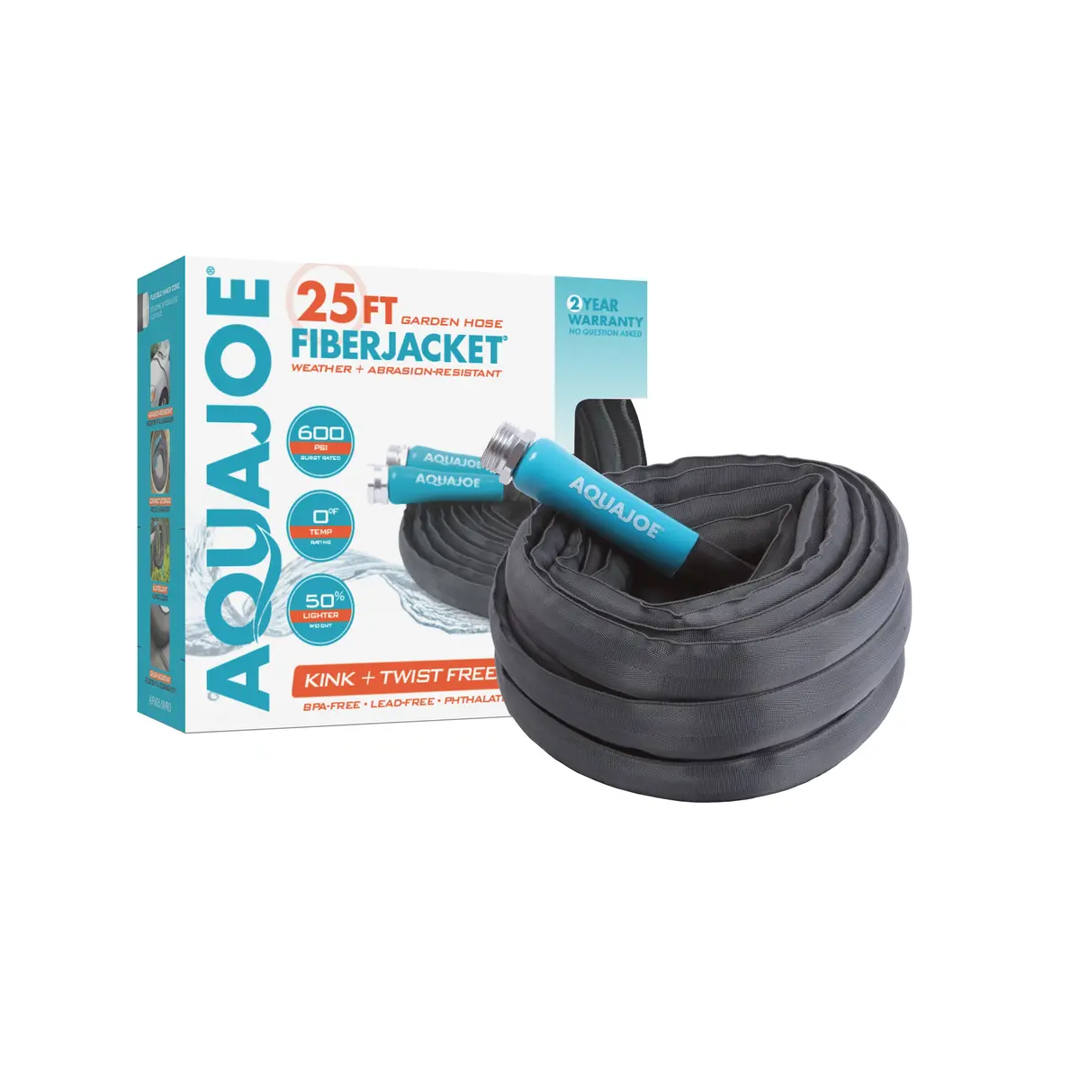 Aqua Joe Ajfjh25-58-Pro Ultra Flexible Kink Free Fiberjacket Garden Hose | 25-Foot | Metal Fittings 2