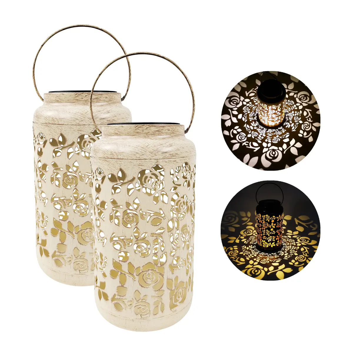 Bliss Outdoors Bsl-313-Wh Set Of 2 Solar Led Lanterns W/ Rose Design & Hand Painted Finish | 9-In. Tall | Waterproof Ip44 (White) 1