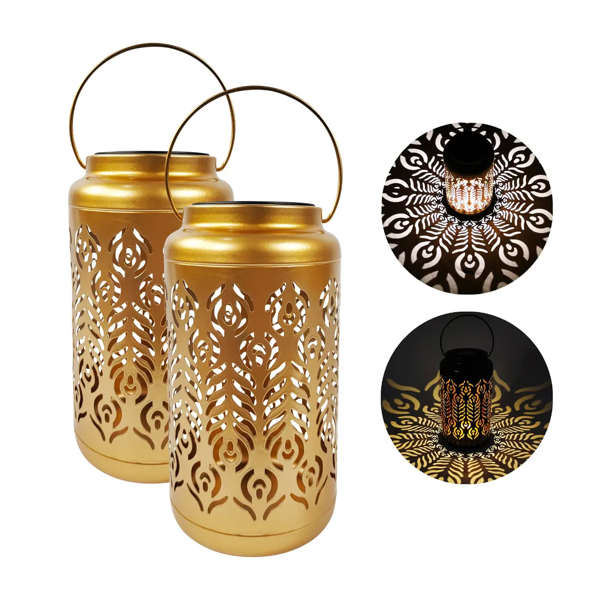 Bliss Outdoors Bsl-310-G Set Of 2 Solar Led Lanterns W/ Phoenix Feather Design & Hand Painted Finish | 9-In. Tall | Waterproof Ip44 (Gold) 1