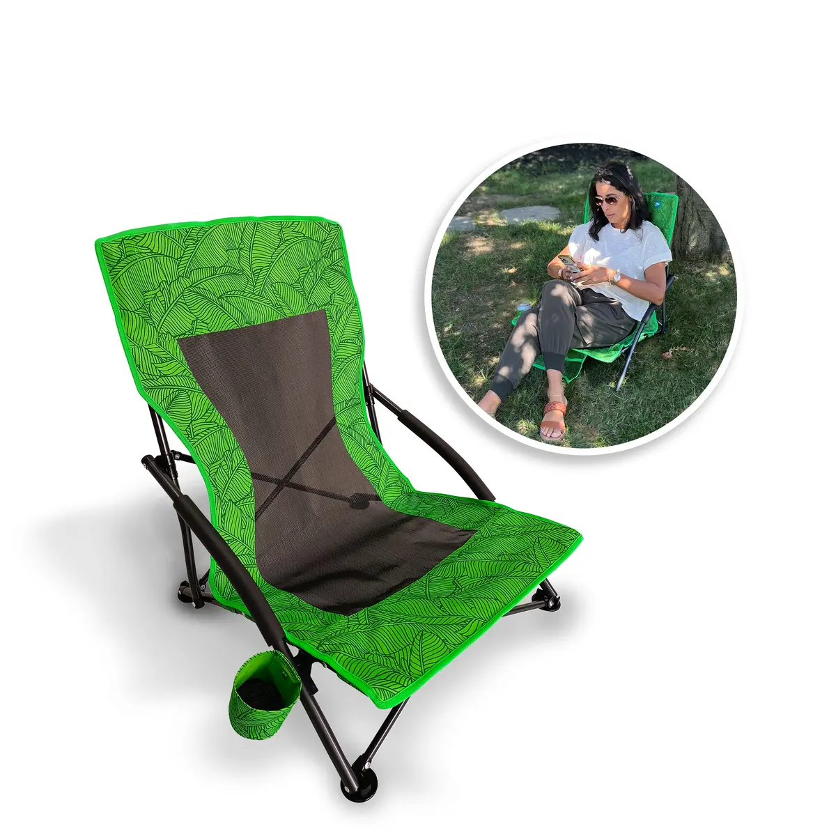Bliss Hammocks Bbc-353-Gbl Collapsible Beach Chair W/ Cup Holder | Storage Bag Included | 275 Lb. Capacity (Green Banana Leaves) 1