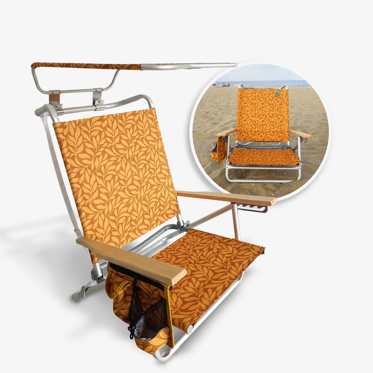 Bliss Hammocks Bbc-351-Al Folding Beach Chair W/ Canopy | 5 Reclining Positions | Storage Pouch, Phone Holder, & Cup Holder Included | 275 Lb. Capacity (Amber Leaf) 1