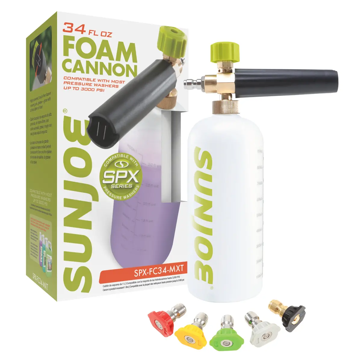 Sun Joe Spx-Fc34-Mxt Foam Cannon For Spx Series Electric Pressure Washers 34 Oz. | 1/4" Quick Connector | 5 Quick Connect Nozzle Tips 1