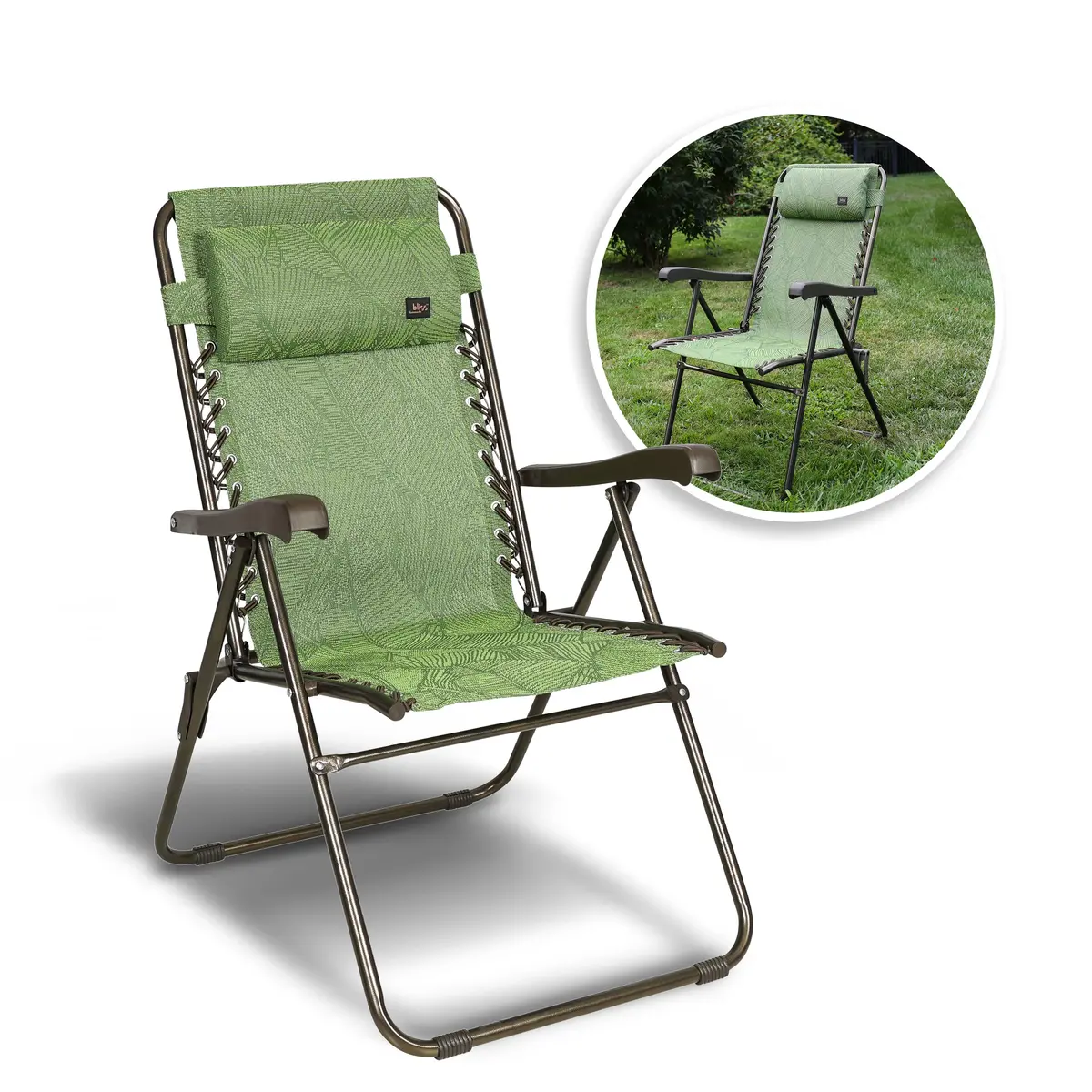 Bliss Hammocks Gfc-612-Gbl Reclining Sling Chair W/ Pillow | 26-In. Wide | Weather & Rust Resistant | 275 Lb. Capacity (Green Banana Leaf) 1