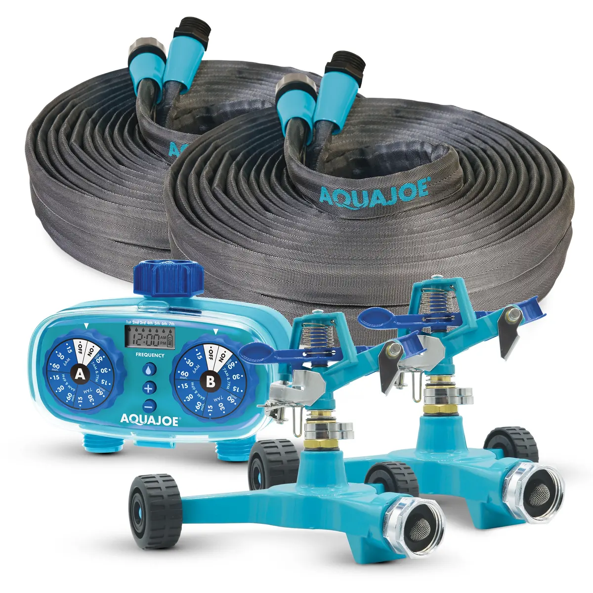 Aqua Joe Timed Sprinkler Bundle | Watering Timer | 2X Fiberjacket Hoses | 2X Sprinklers 1