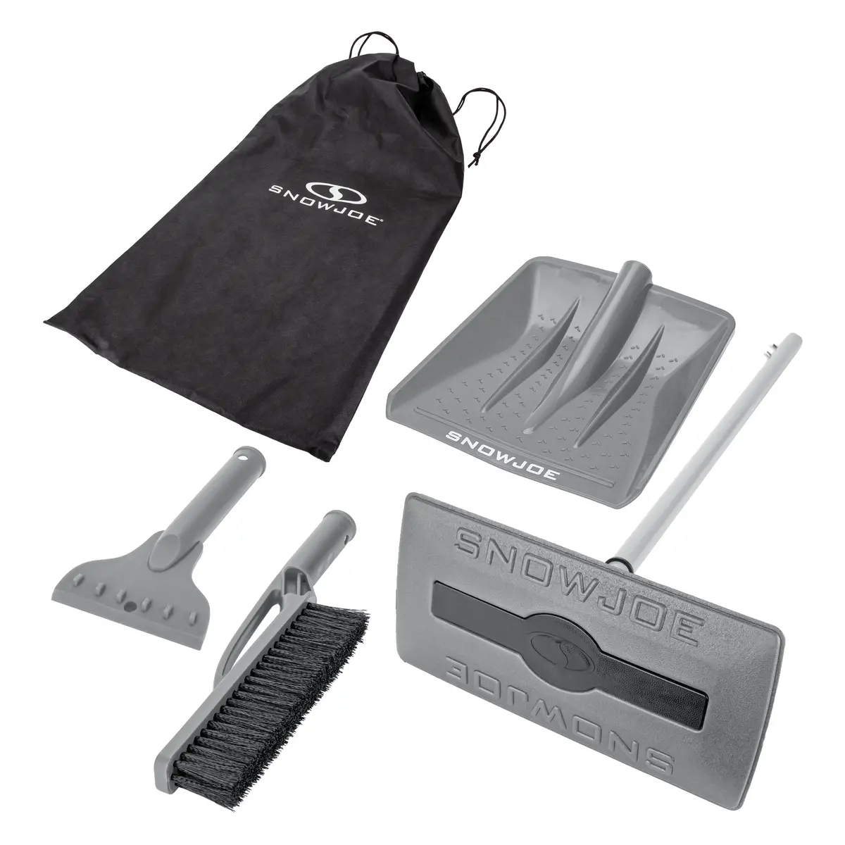 Snow Joe Sjblzd-4In1-Gry Multi-Purpose Auto Snow Tool Kit | W/ Storage Bag | Snow Broom, Brush, Shovel, Scraper  (Gray) 1