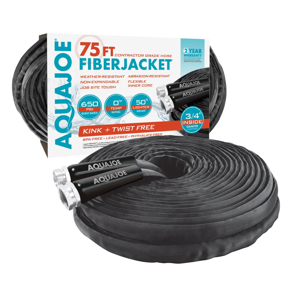 Aqua Joe Ajfjh75-34-Ctr-Blk Non-Expanding Kink-Free Contractor Grade Fiberjacket Hose | 75-Ft | 3/4-In | 650-Psi Burst | Bpa/Phthalate/Lead Free (Black) 1